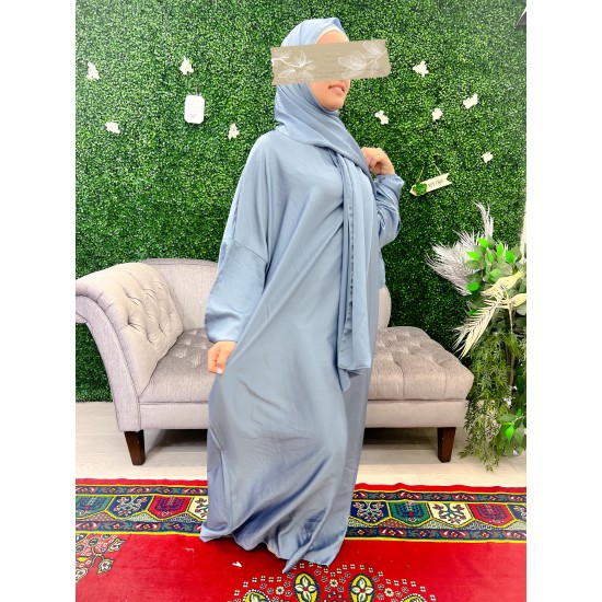 satin sky blue prayer dress with integrated hijab 